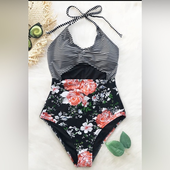 ☀️ Floral and Stripe Printed Halter with Cut-Out One Piece Swimsuit - Picture 5 of 6
